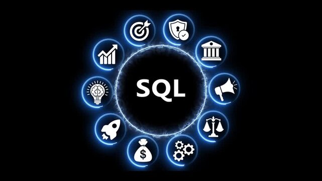 SQL animated icon with set of business icons in circle motion.
