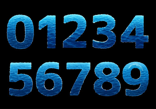 Sea Water Wave Number Set &ndash; Realistic Ocean Liquid Blue Gradient Digits 0 to 9 Vector Font