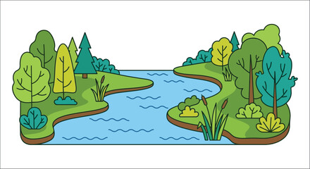 Landscape Scene With Trees And Water Colorful Vector Illustration © Exclusive Vectors