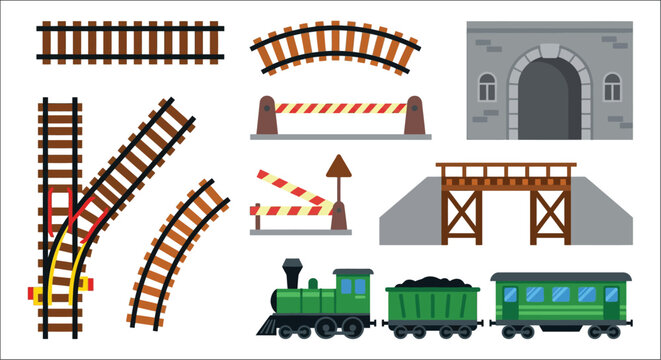 Railway elements and train composition flat vector illustration