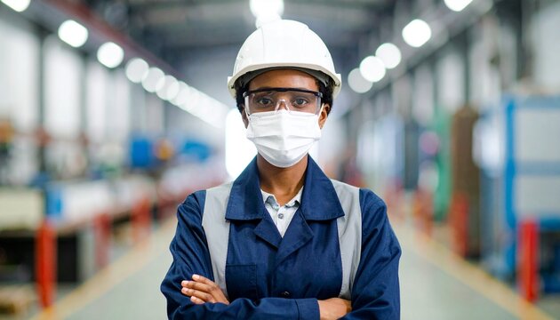 Portrait of a Female Factory Worker Wearing a Face Mask Safety Glasses and Hard Hat Standing in a Manufacturing Facility
