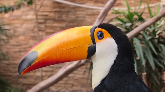  Detailed portrait of a toco toucan highlighting its striking orange bill, blue eye ring, and black-and-white plumage.