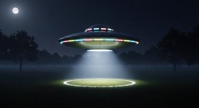 UFO flying in the night sky in space illustration