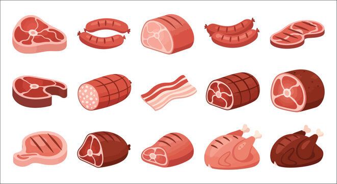 Various Cuts Of Meat And Poultry Colorful Vector Illustration