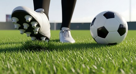 Obraz premium Soccer Player Standing on Green Field with Ball