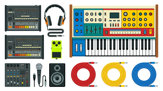 Retro electronic keyboard synthesizer and colorful audio cables for techno music production and live electronic concert posters
