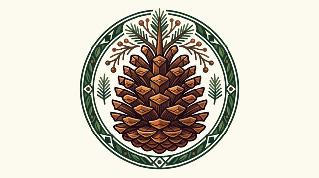 Vintage style illustration of a pinecone inside a decorative circular frame.