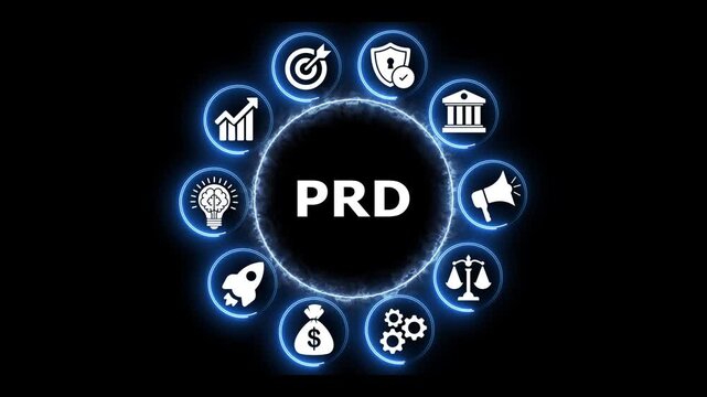 product requirement document spinning with various business icons.