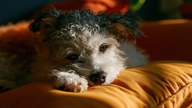 Shaggy Puppy Relaxing: A small, shaggy puppy with curly fur rests its head on a soft orange cushion, bathed in the warm, inviting light of a sunny afternoon.
