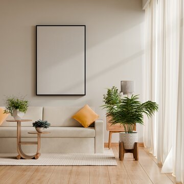 Blank vertical frame mockup in bright minimalist living room interior with beige sofa, yellow cushions, natural sunlight, and green indoor plants for artwork presentation- 3D rendering