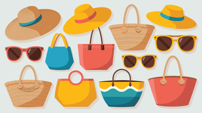 An assortment of summer beach accessories, featuring various straw hats, colorful tote bags, and sunglasses, laid out in a clean, organized flat style.