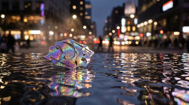 Holographic iridescent brooch reflecting on rippled liquid metal during urban twilight