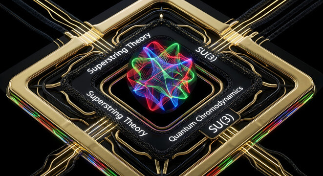 Futuristic Hi-Tech UI Wallpaper featuring 3D Calabi-Yau Manifold with Superstring Theory and Quantum Chromodynamics SU(3) Core
