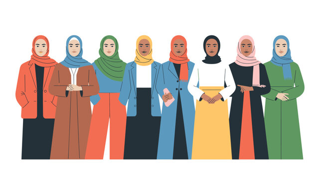 A diverse group of eight professional women wearing colorful hijabs and modest business attire stand together in a neat horizontal row.