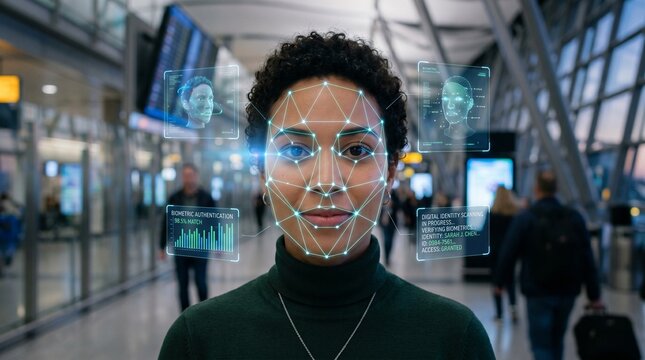 Advanced facial recognition technology digitally authenticates a woman's identity in a high-tech airport terminal, symbolizing future security and seamless travel solutions