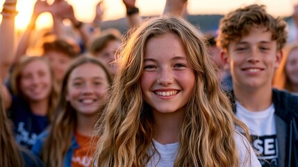 Obraz premium Youthful Joy And Community Spirit: Happy Teenagers Smiling Together At An Outdoor Event With Golden Hour Sunlight