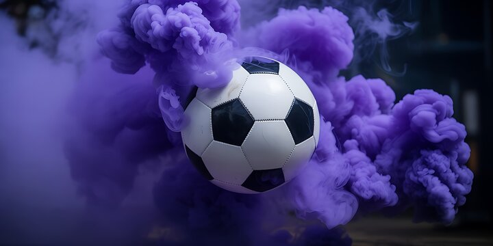 A soccer ball surrounded by vibrant purple smoke on a dark background with motion