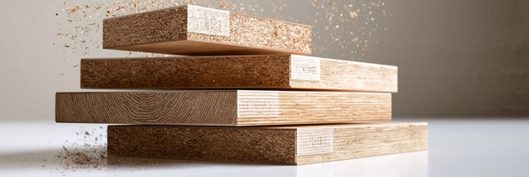 Medium shot of stacked biobased lumber sheets with clear texture labels set against a neutral studio background featuring soft shadows and floating fiber particles in highkey