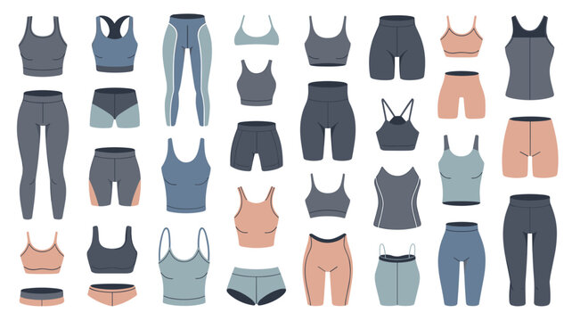 Extensive collection of women's athletic apparel featuring sports bras, leggings, and shorts in various shades of blue and gray tones.