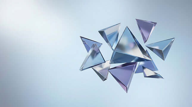 Abstract floating glass pyramids on a clean blue background