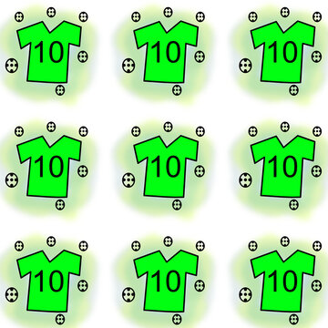 Patr&oacute;n de varias franelas de color verde con el numero 10 rodeada de pelotas de f&uacute;tbol en un fondo transparente 
