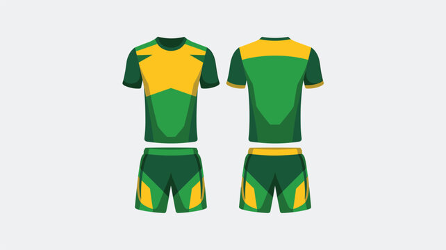Dynamic soccer kit design showcasing a bold yellow and green jersey paired with matching shorts in a sleek, minimalist vector format.