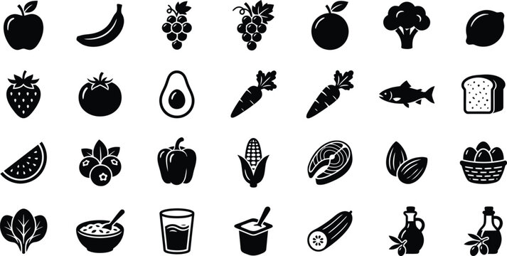 Fresh groceries and healthy eating icons collection with vegetable nutrition ingredient broccoli