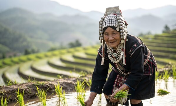 Close-up portrait of elderly Akha hill tribe woman in traditional black embroidered costume with silver headdress, knee-deep in flooded rice paddy terrace in Northern Thailand.