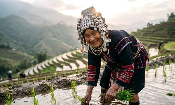 Close-up portrait of elderly Akha hill tribe woman in traditional black embroidered costume with silver headdress, knee-deep in flooded rice paddy terrace in Northern Thailand.