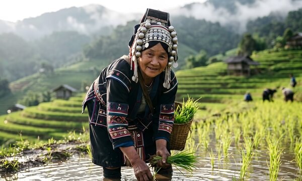 Close-up portrait of elderly Akha hill tribe woman in traditional black embroidered costume with silver headdress, knee-deep in flooded rice paddy terrace in Northern Thailand.