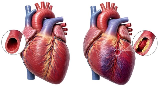 Healthy Heart vs Heart Attack Comparison, Coronary Artery Blockage and Myocardial Infarction, Ultra Realistic Human Cardiac Anatomy, Medical Illustration Isolated on White Background