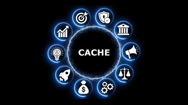 Cache text with business icons in glowing blue circular motion.
