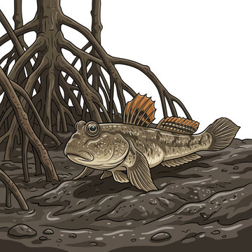 Mudskipper fish walking on mangrove roots and mudflat floor illustration