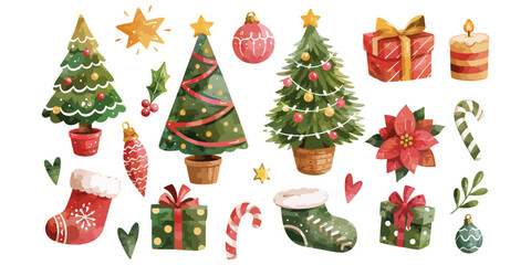 Obraz premium Watercolor traditional Christmas trees and festive holiday elements clipart