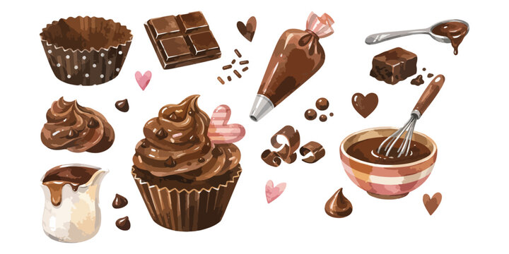 Watercolor chocolate cupcake and sweet baking elements clipart set