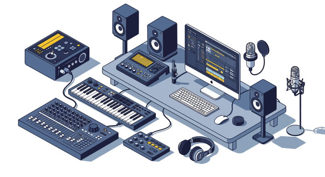 Isometric home music recording studio with professional audio equipment