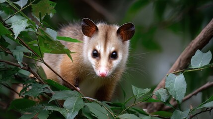 Fototapeta premium Cute Marsupial on Branch Surrounded by Lush Green Leaves