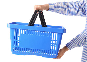 Fototapeta premium Woman with blue shopping basket on white background