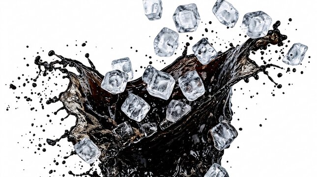 High speed beverage photography of dark cold brew coffee with freezing ice cubes.