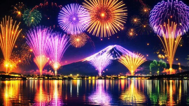 富士山の上空に炸裂する複数のカラフルな打ち上げ花火の3DCGアニメーション  花火大会、年賀状素材
