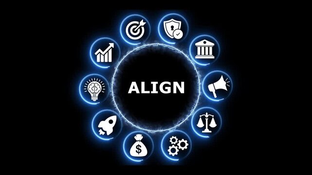 Business alignment concept with glowing blue digital icon wheel.