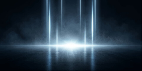 Abstract Light Pillars: A striking abstract composition featuring vertical beams of bright, blue-white light emerging from a glowing central point, casting strong reflections on a dark. © ZINGGALALA HOHO