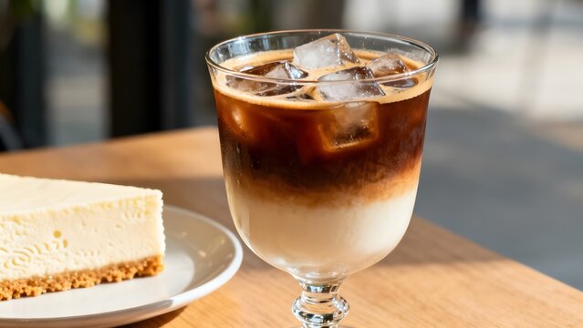 Close-up realistic kopi susu gula aren in elegant glass cup with rich espresso gradient and melting ice cubes
