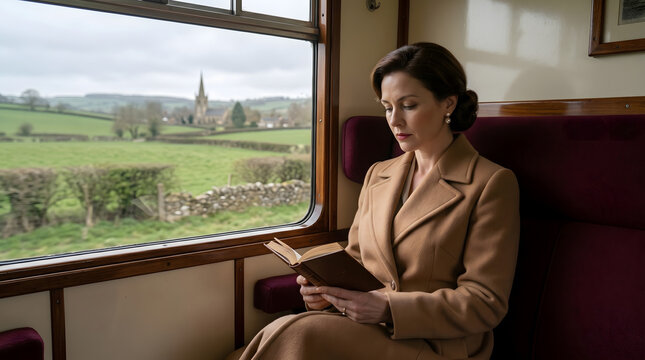 Elegant Woman Reading Leather Book Vintage First Class Train Compartment English Countryside