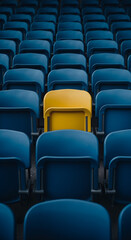 Fototapeta premium A single yellow stadium seat stands out amongst rows of blue seats in a sports arena.