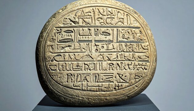 Detailed close-up of a circular stone artifact replica bearing ancient Egyptian hieroglyphic inscriptions and symbols