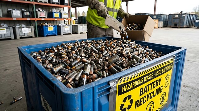 Man in yellow vest sorting hazardous waste batteries into blue recycling bin at facility