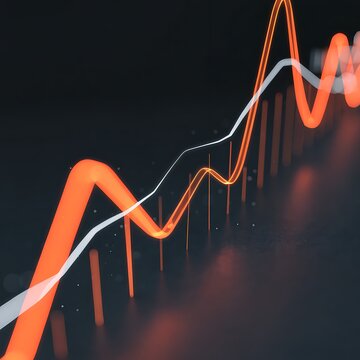 Abstract financial chart with glowing orange and white line graphs rising on dark background representing growth and investment progress investment business analysis performance