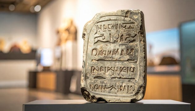 Detailed close-up of a Rosetta Stone replica showcasing three distinct ancient scripts in a museum exhibit