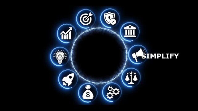 Abstract circular motion graphic with business icons and simplify text.